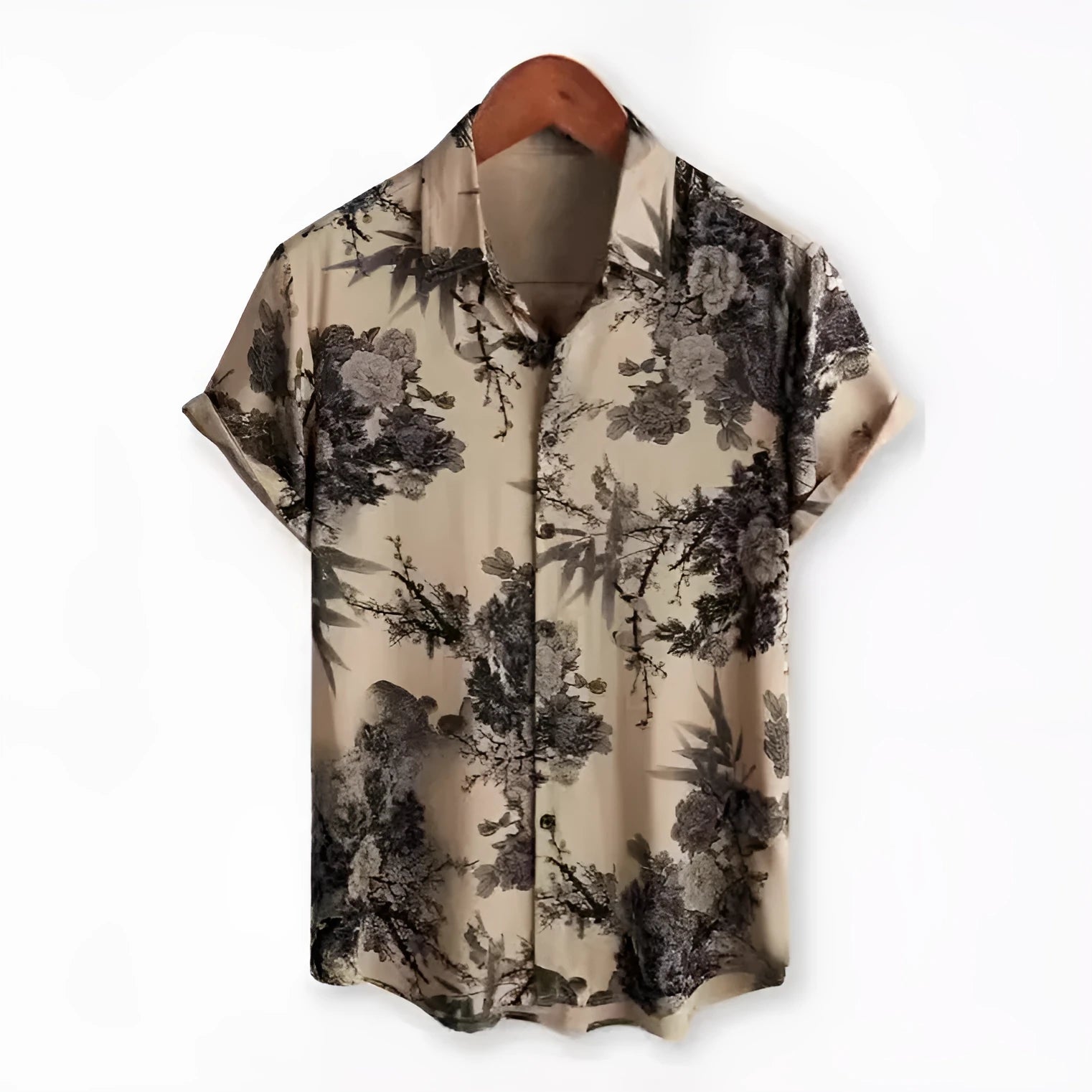 Man wearing a short sleeve Hawaiian print shirt with lapel collar in a floral pattern.