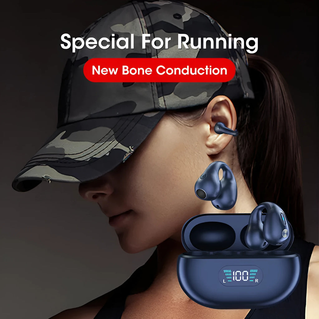 Bone conduction Bluetooth headset with ear clip design in black, white, or khaki colours