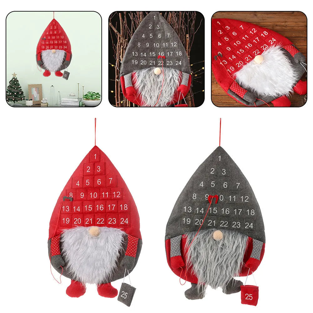 Christmas advent calendar with faceless Santa doll, non-woven fabric, hanging rope, red or grey hat