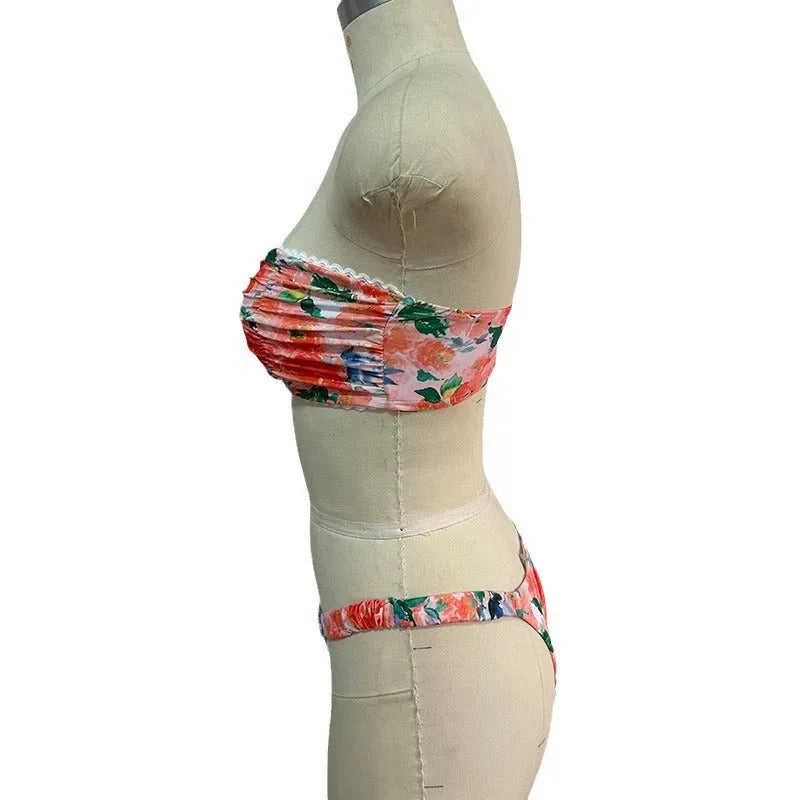 Printed tube top bikini with lace trim and floral pattern in European swimwear style