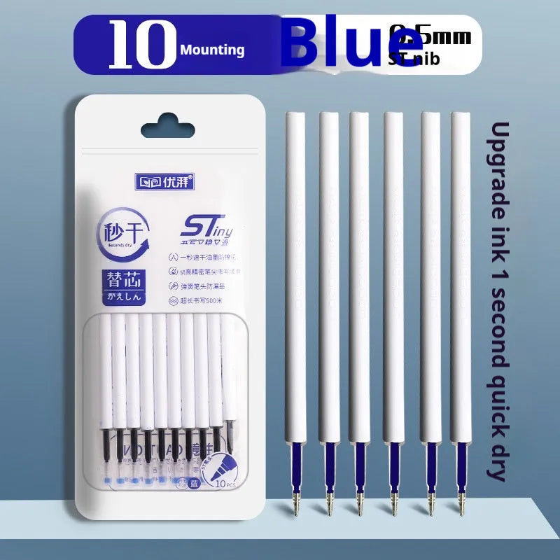 Bullet pen refill cartridges in black, red, blue, and ink blue colours showing plastic construction