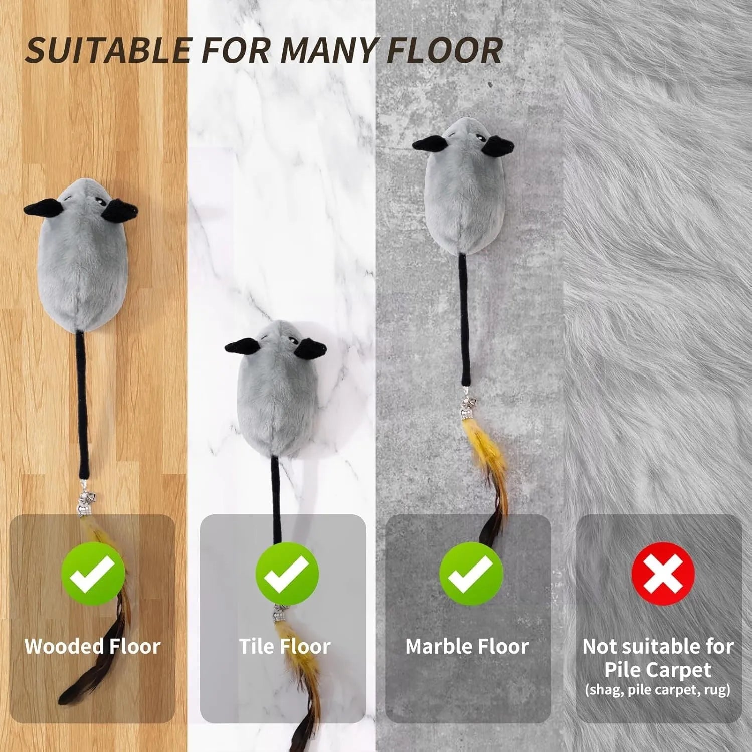 Grey and yellow rechargeable automatic cat mouse toy with feather tail and LED lights