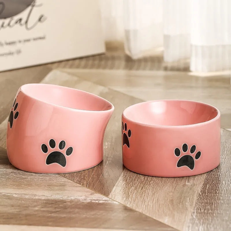 Ceramic cat bowl with neck protection design and cat's paw pattern in selected colour