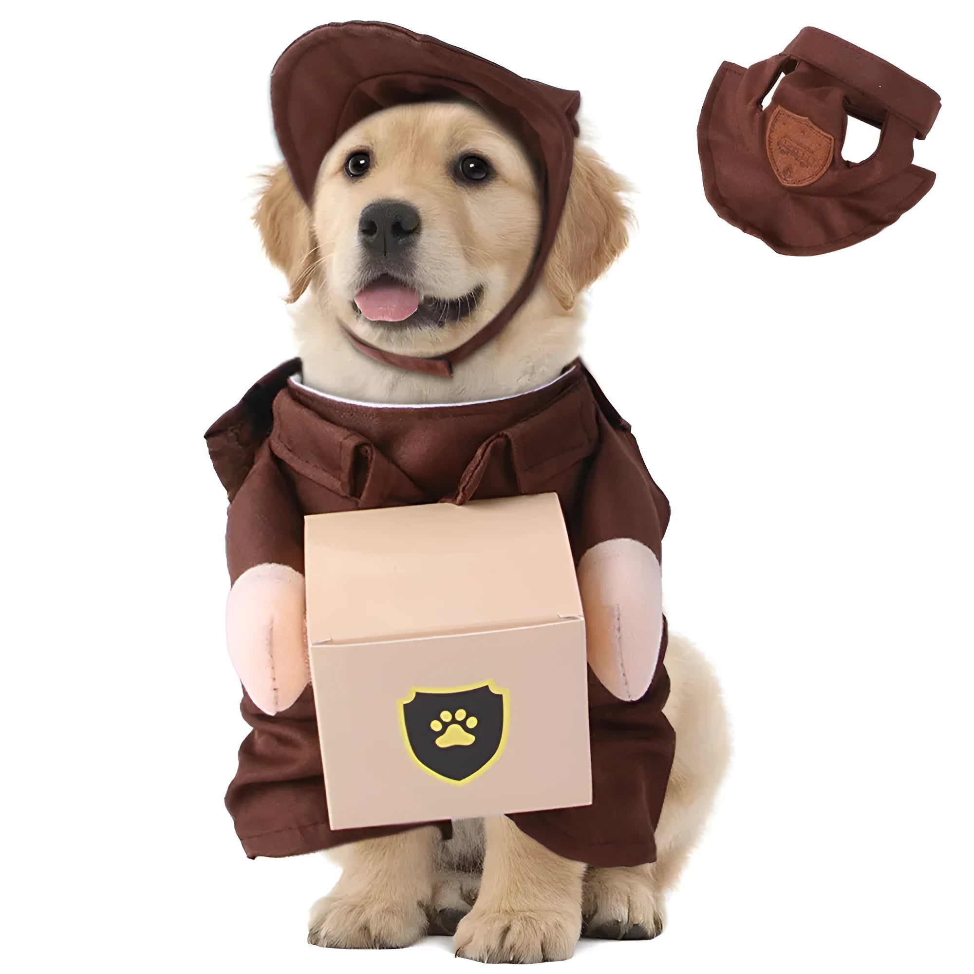 Coffee-coloured polyester courier costume for a dog standing up.
