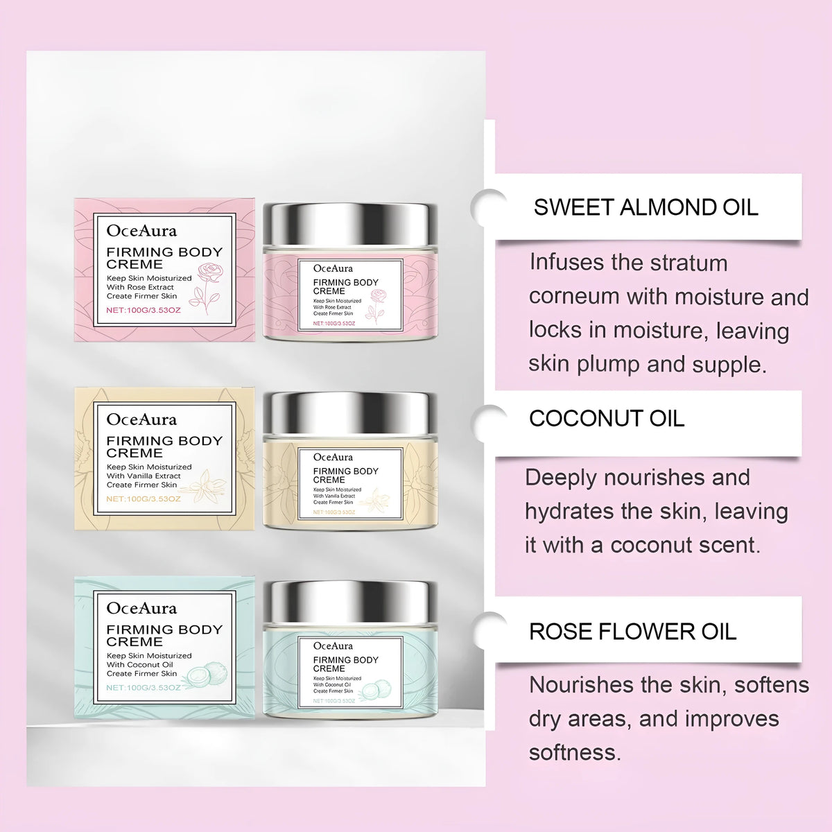 100g moisturising body lotion in rose, vanilla or coconut flavour with sweet almond, coconut and rose oil, compact 6.9x6.9x4.4cm container