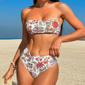 Women's printed bandeau swimsuit set with matching triangle bikini top and shorts for swimming activities