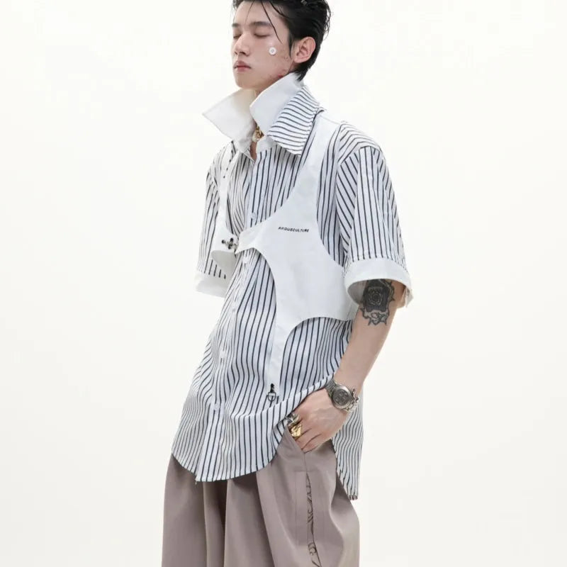 Men's black and white striped cotton shirt with double collar lapel design and short sleeves