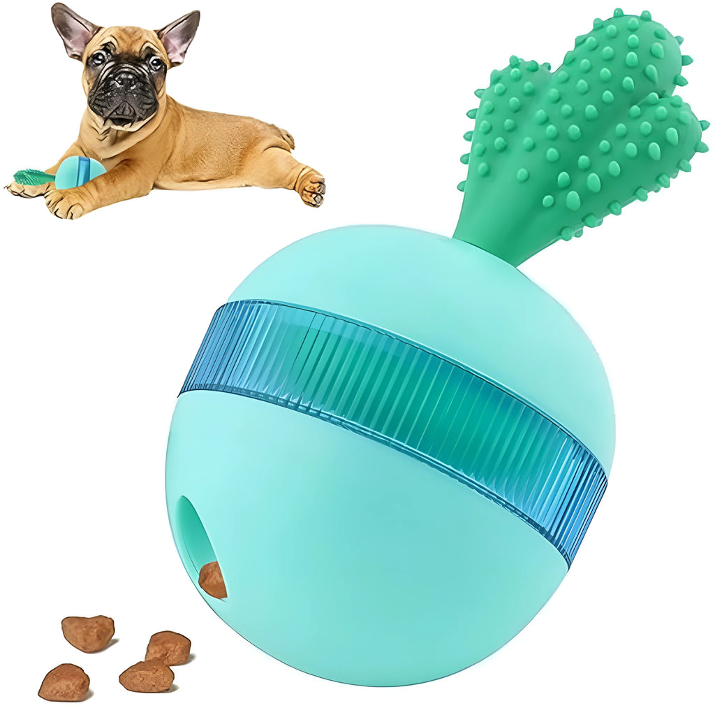 Blue durable rubber dog treat puzzle ball with dispensing holes for medium and large dogs