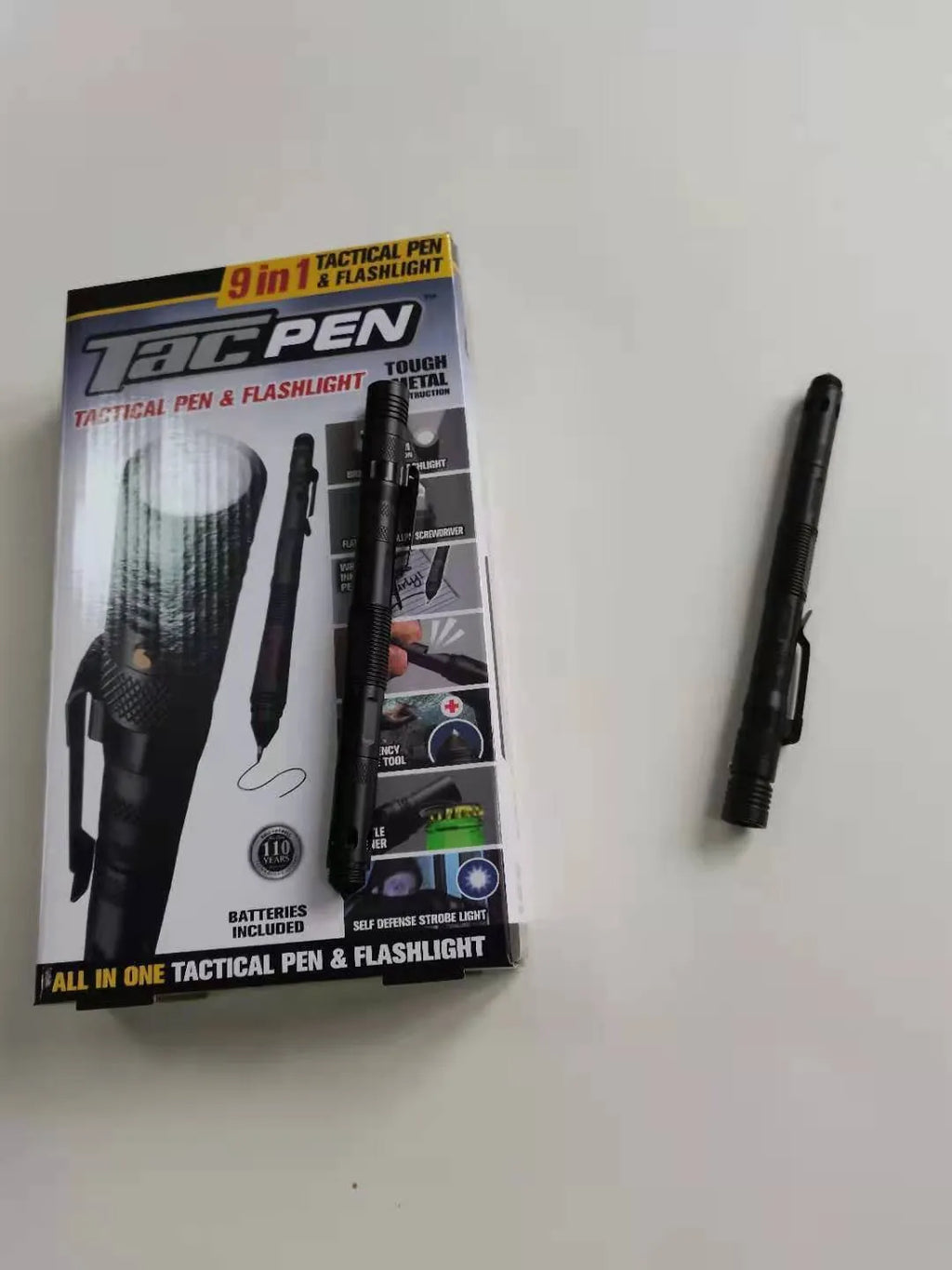 Black nine-in-one multi-function flashlight car window breaker survival pen