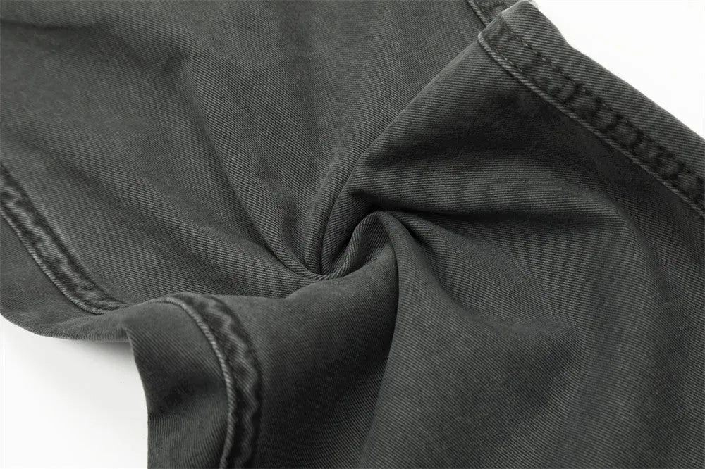 Mens loose fit denim work trousers in black, dark green, and smoky gray cotton fabric