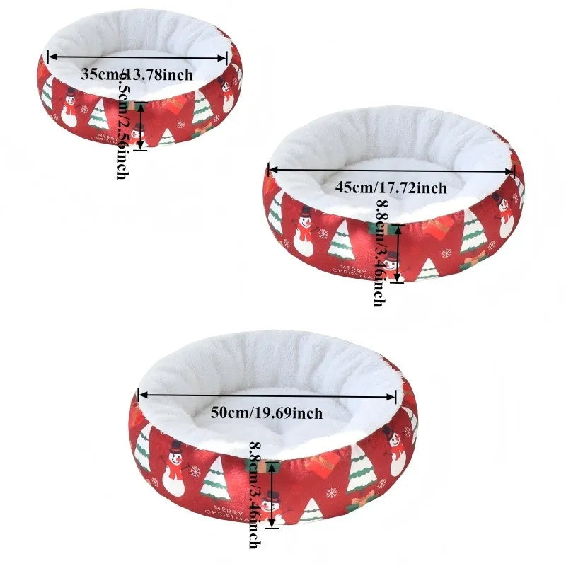 Christmas pet bed in red and green with snowman and tree prints, size S 35x35x6.5cm, made of flannel and Arctic fleece