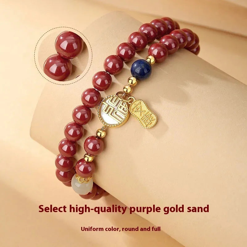 Women's 925 sterling silver bracelet with blessing card, cinnabar charm, white shell accents and engraved characters