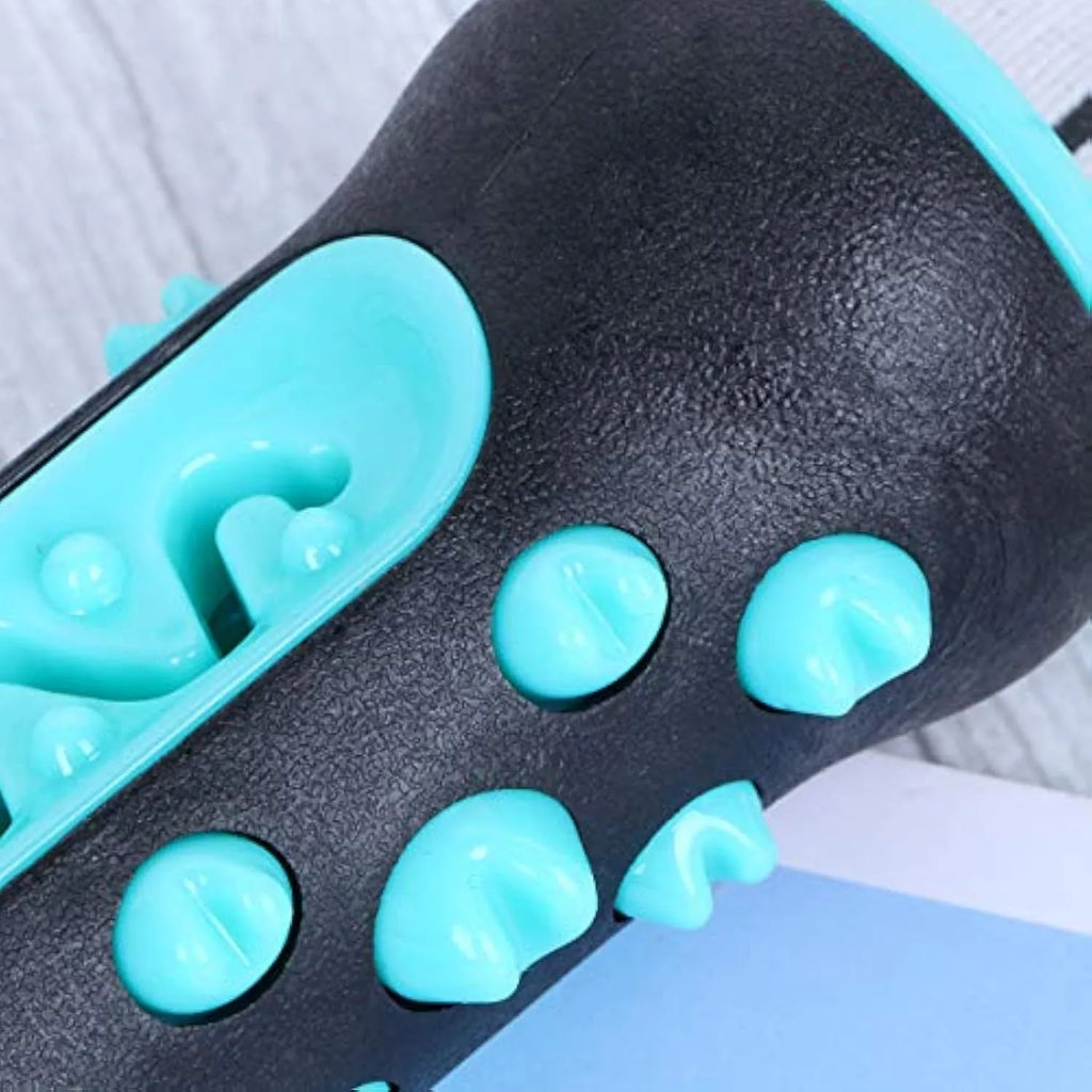 Natural rubber dog dental chew toy in blue, showing textured toothbrush design.