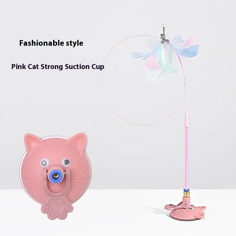 Plastic cat teaser toy with suction cup mount and dangling feather attachment