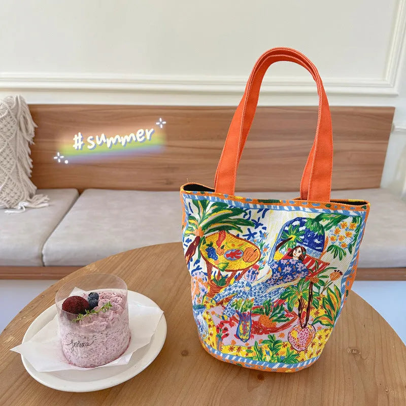 Dream Garden Orange canvas bucket bag with plush finish and double shoulder straps