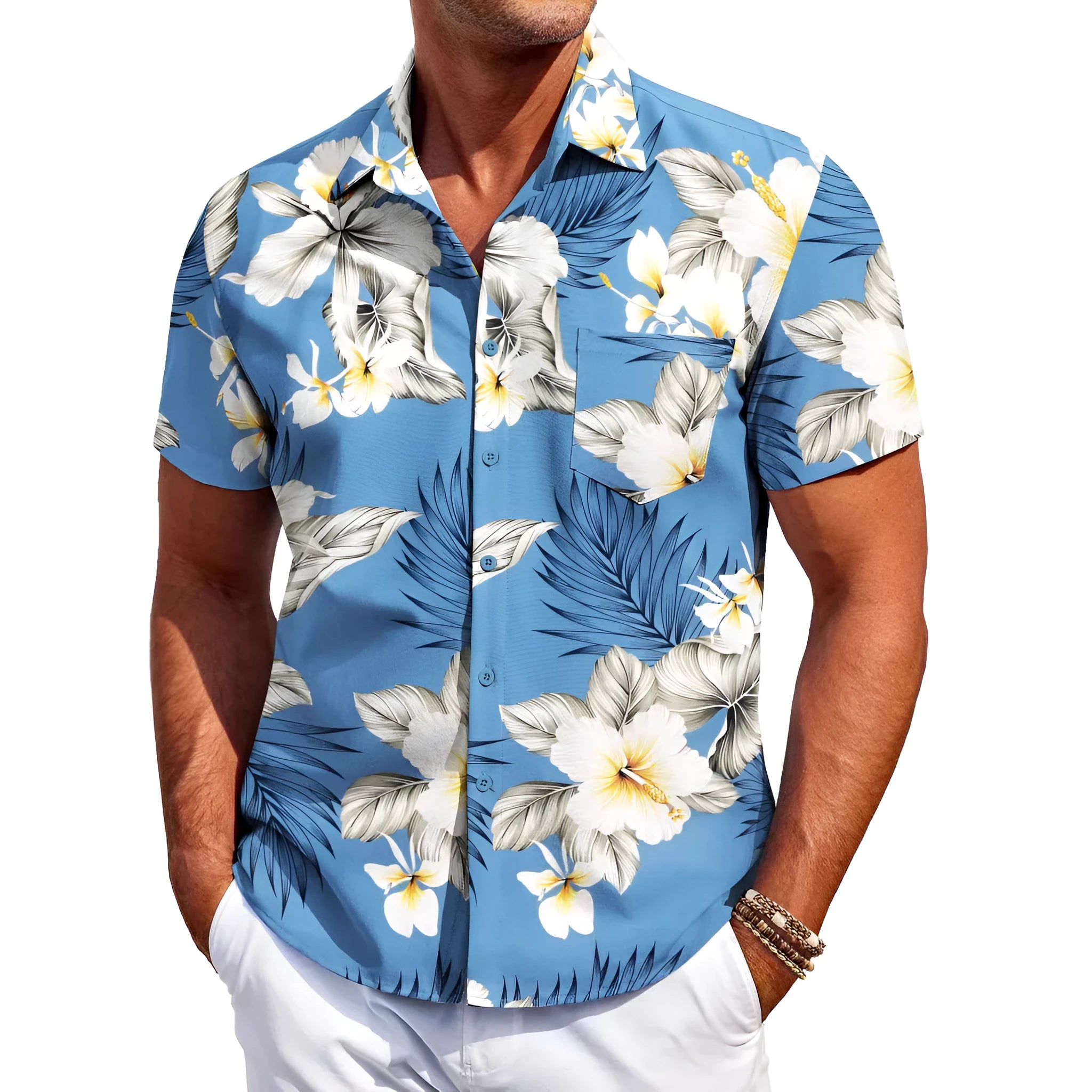 Men's slim fit Hawaiian short sleeve shirt in a cardigan style.