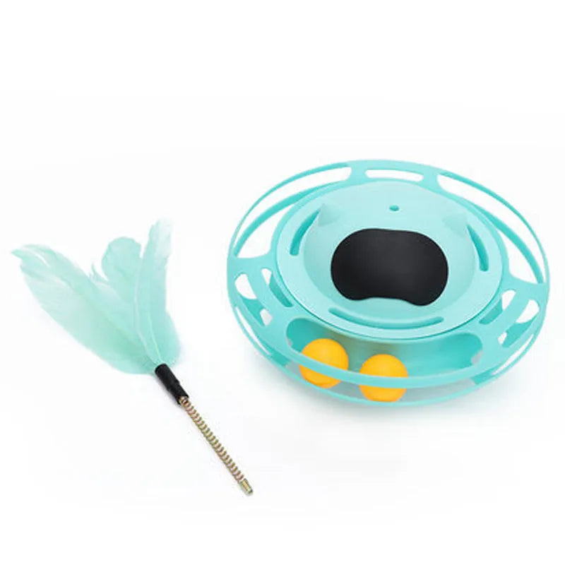 Pink cat tumbler turntable toy with self-moving rotational action for interactive feline play