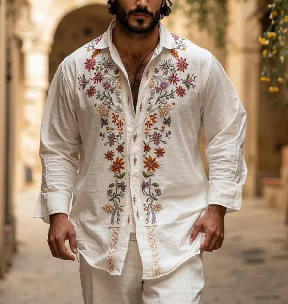 Man wearing a retro-style 3D printed long sleeve cardigan in a bamboo linen fabric.