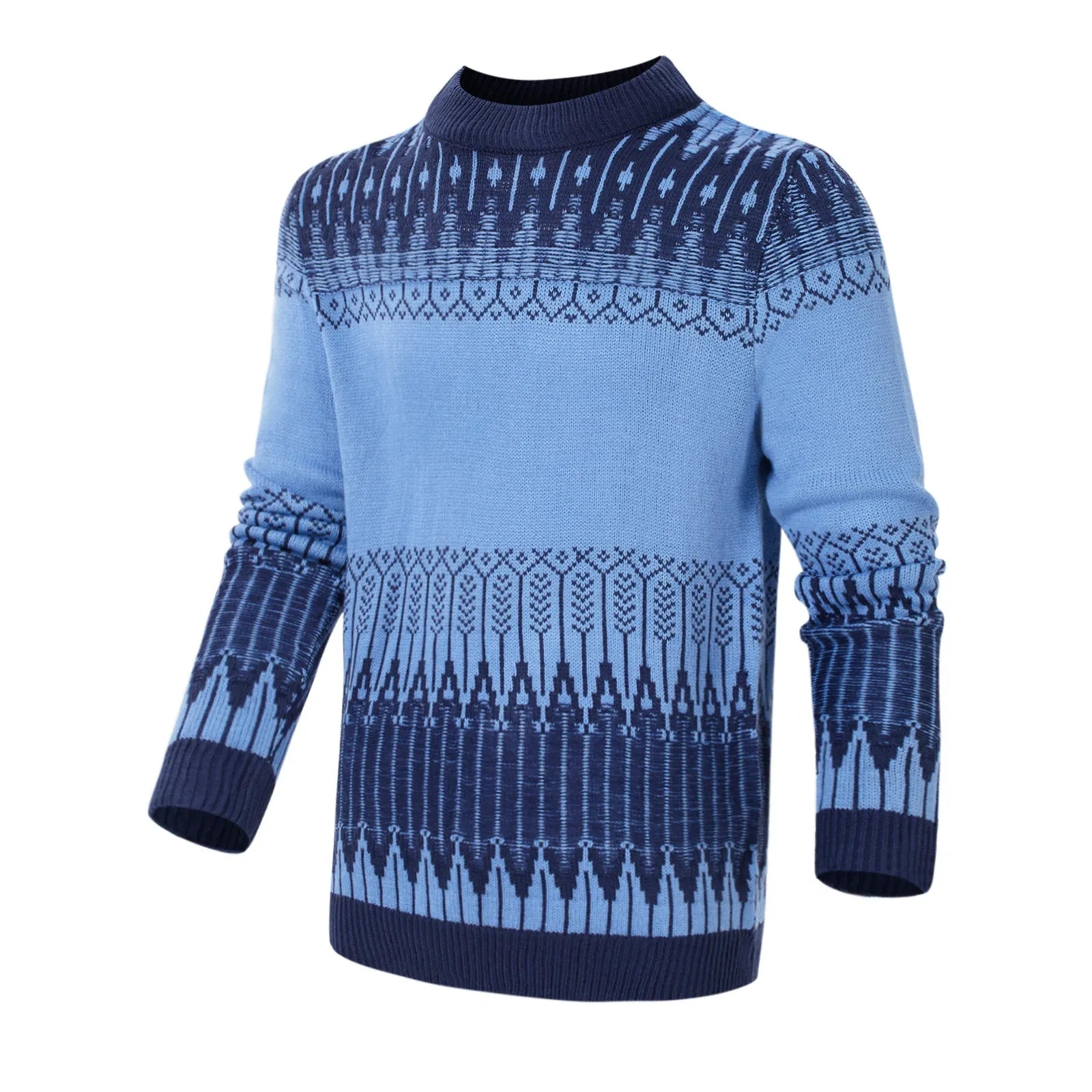 A man's knitted long-sleeved pullover sweater for fall and winter wear.