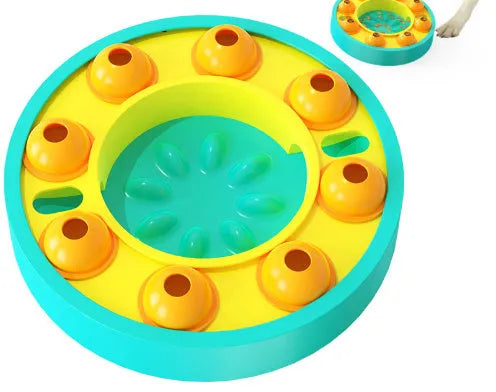 Blue and green interactive dog puzzle feeder bowl with central column and food turntable on a non-slip base