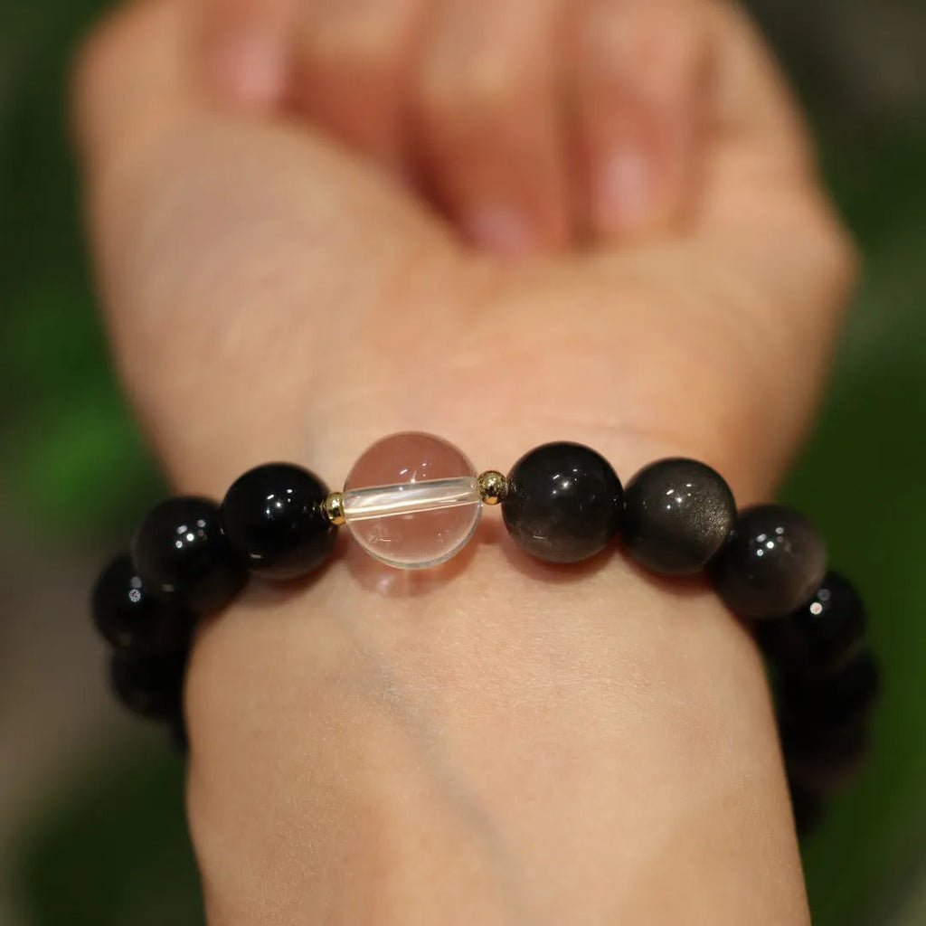 Geometric crystal bracelet with Chinese auspicious patterns in white and pink crystal beads