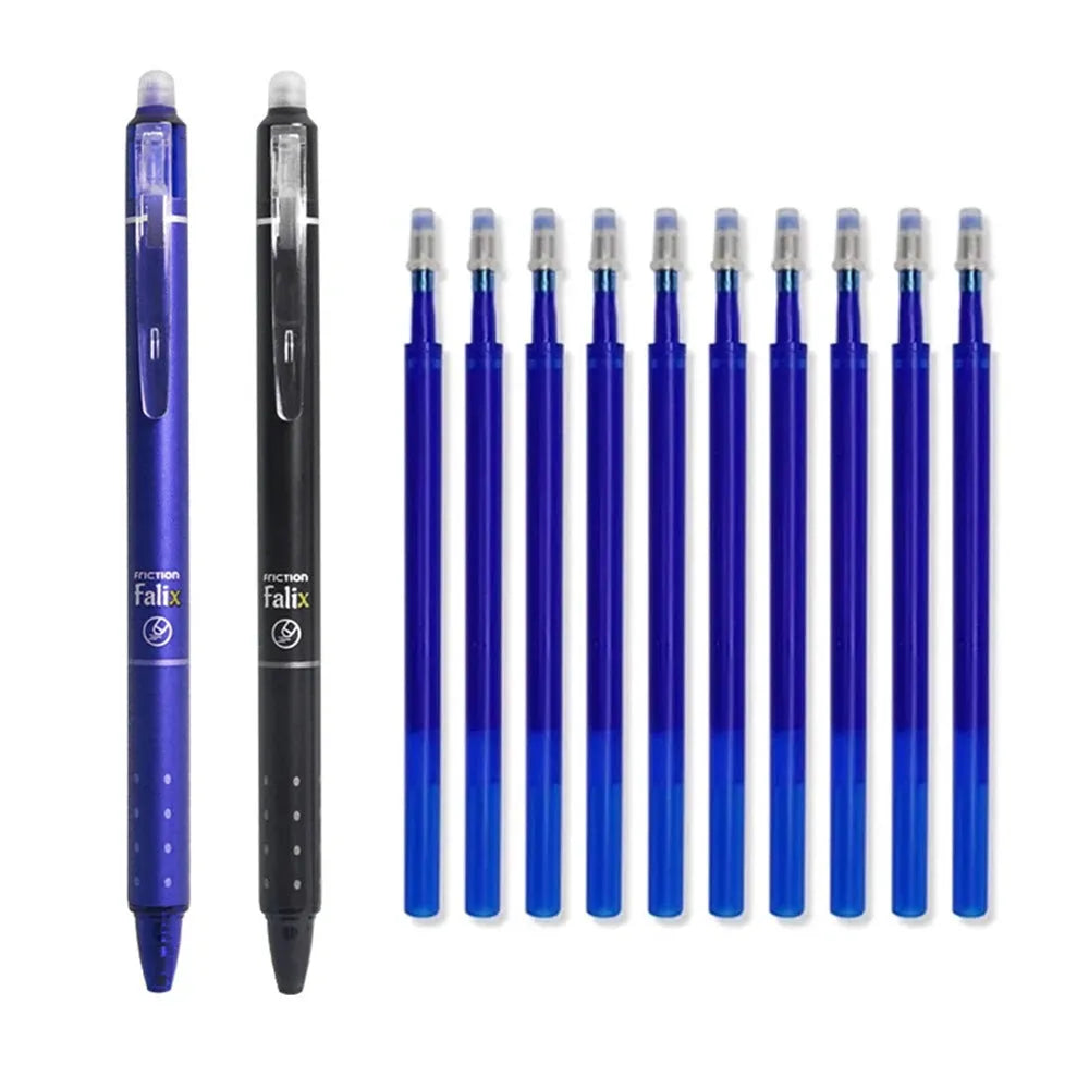 Blue and black erasable gel pen with 0.5mm stainless steel tip for student writing