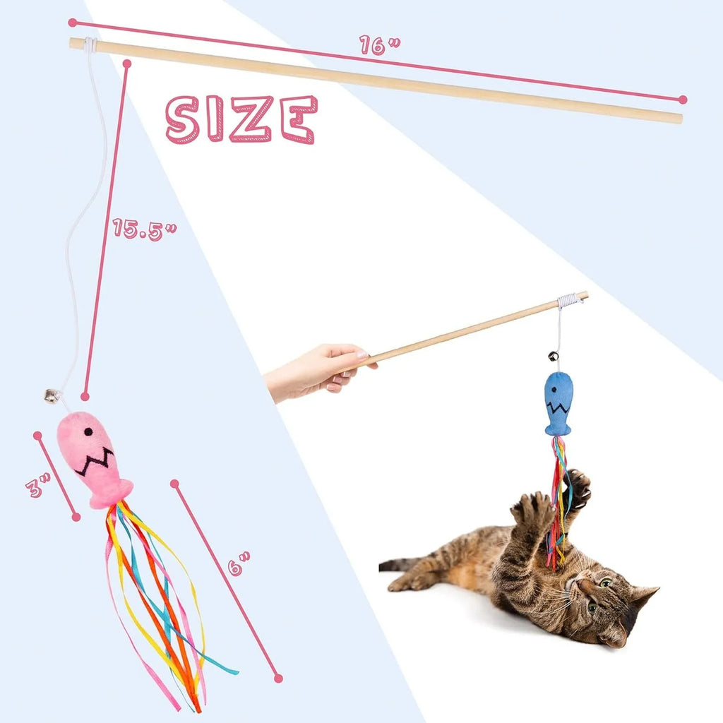 Blue handled cat teaser wand with colourful ribbons, a bell, and a catnip fish dangling from an elastic rope