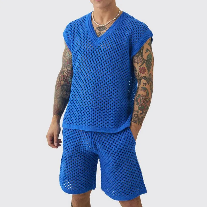 Men's blue knitted vest and shorts sportswear set for summer athletic activities
