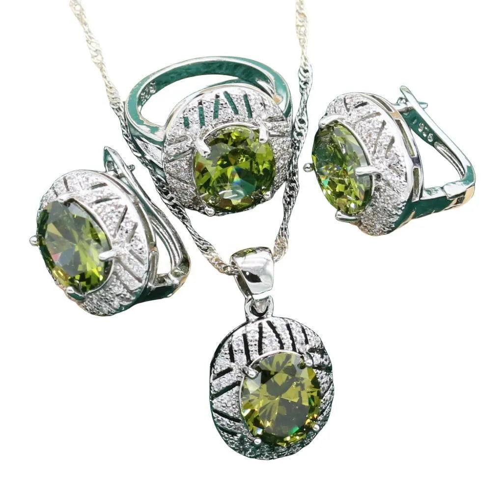 Anti-allergy zircon necklace earring ring set in olive green copper inlaid zircon with electroplated retro pattern