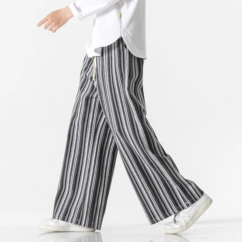 Vintage stripe loose straight leg trousers in cotton blend fabric on a mid-rise waist.