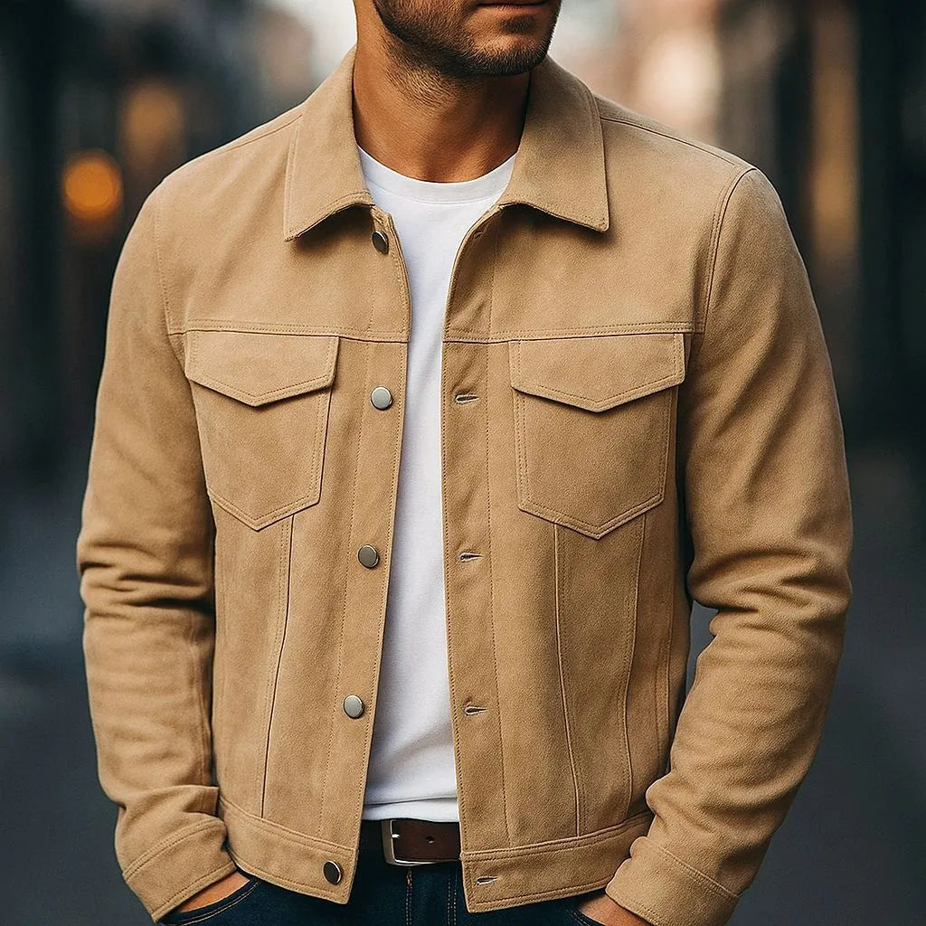 Deer Suede men's winter lapel work jacket in brown with 3D patch pockets and loose fit