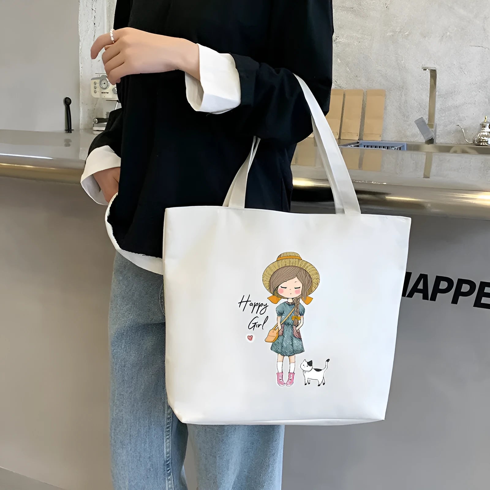 Women's canvas tote bag Oxford cloth printed horizontal square style with double shoulder straps