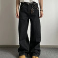 Black retro wide-leg straight jeans for men and women on a hanger.