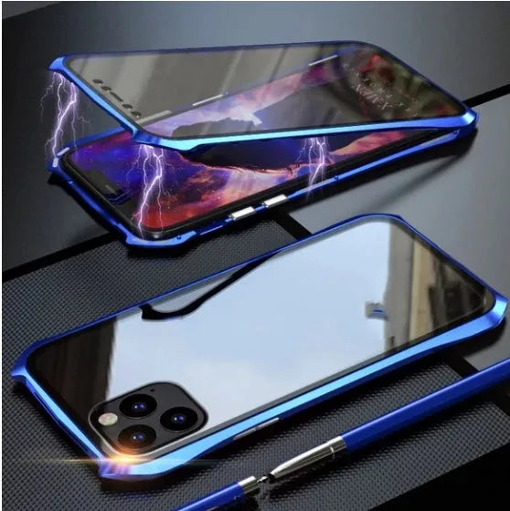 Glass magnetic protective case for iPhone 11 with metal frame and solid colour back
