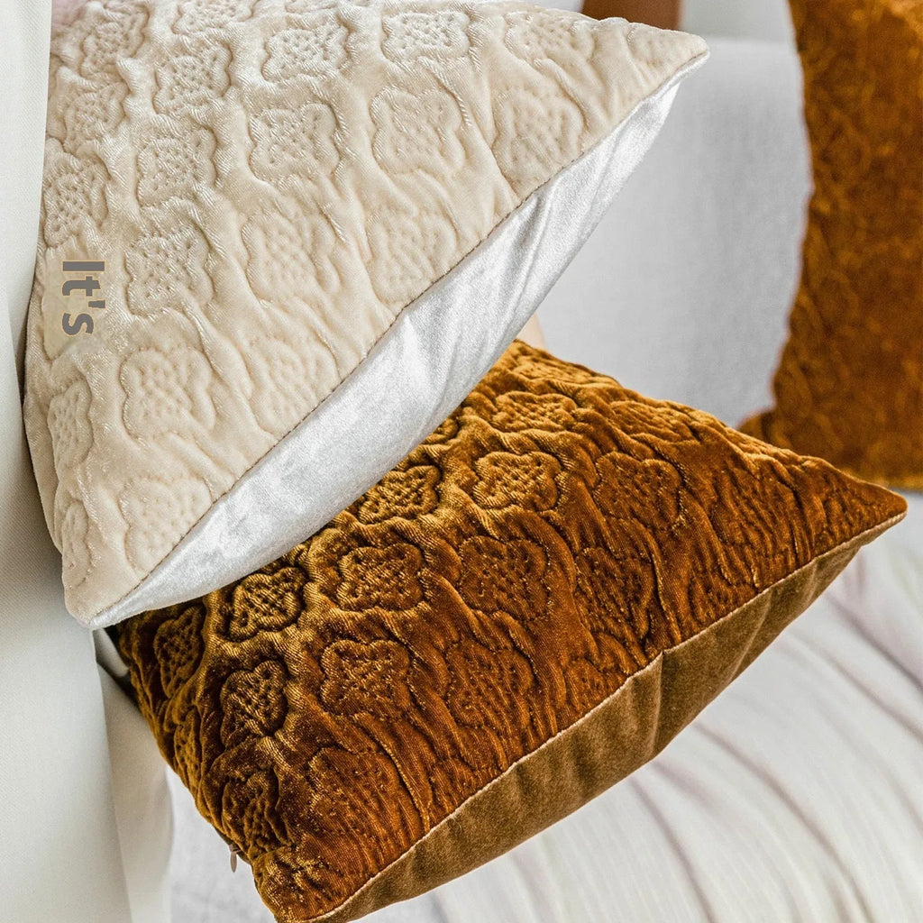 Antique brown gold quilted cushion pillow with three-dimensional quilting pattern
