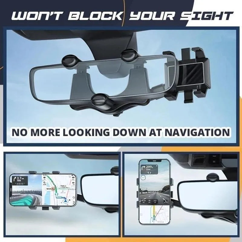 Black rearview mirror car phone holder showing 360-degree rotation and telescopic arm extended