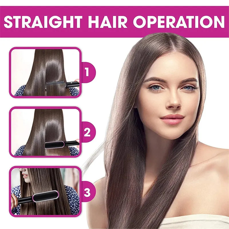 Red dual-function hair straightener comb with curling tong and tourmaline ceramic plates