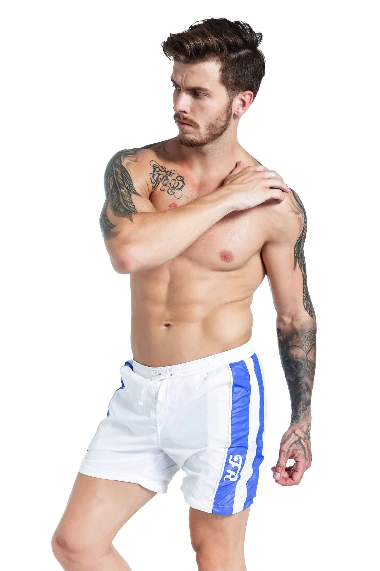 Men's blue lace-up sports shorts with slim fit and padding for athletic activities