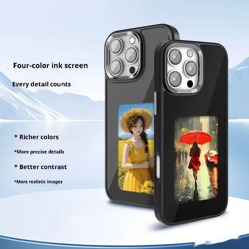 Cross-border NFC four-colour E-ink screen AI projection phone case for iPhone 13-16 series in black with artistic floral design
