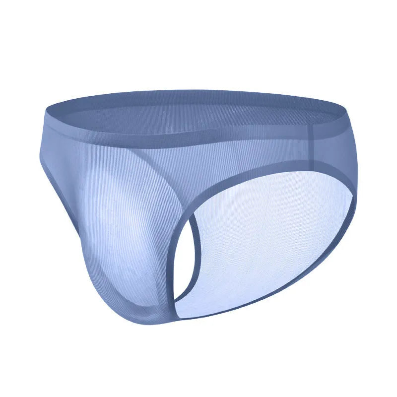 Men's ultra-thin seamless ice silk underwear briefs in striped colours on a white background.