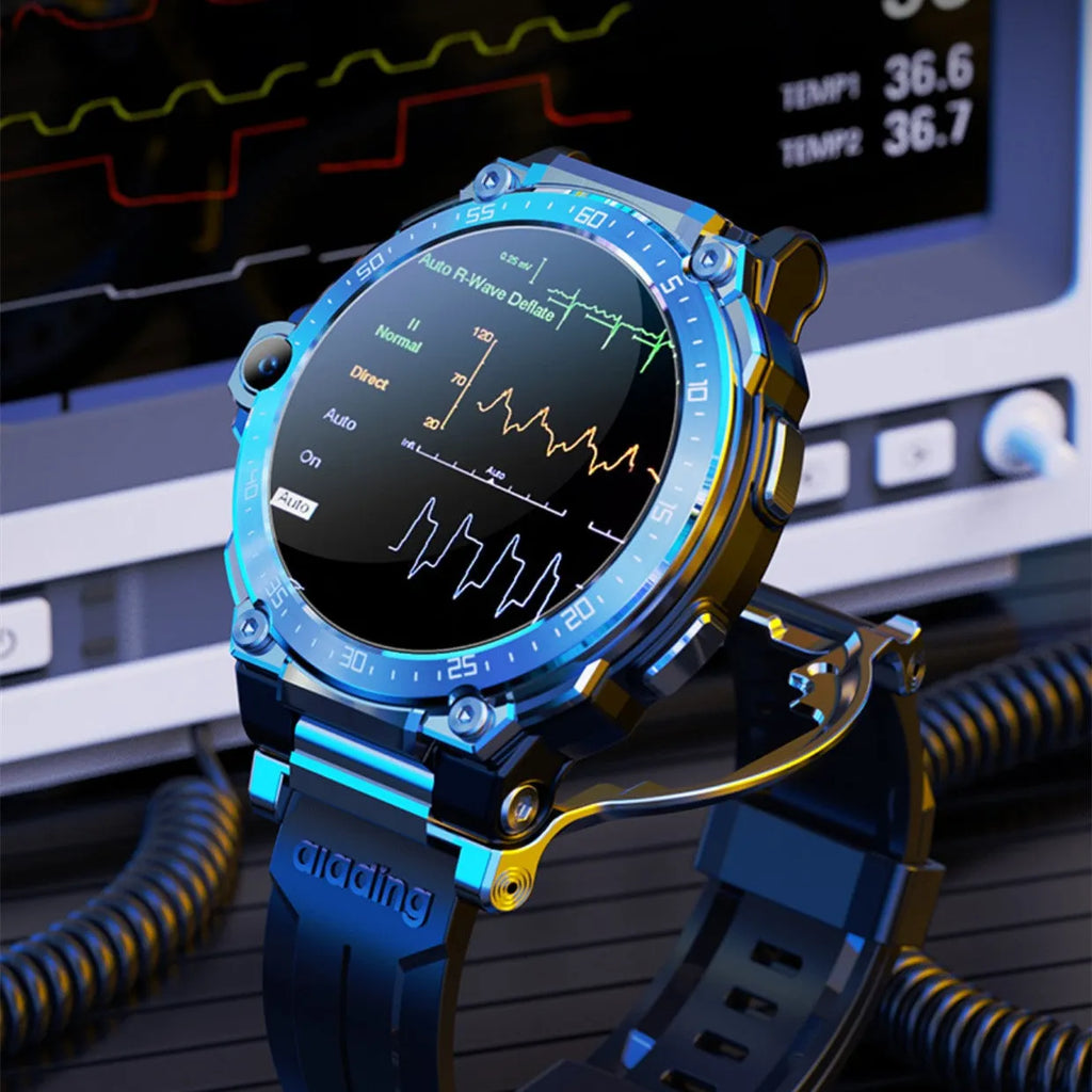 Black smart watch with round 1.6 inch screen and silicone strap, showing heart rate and blood pressure monitoring functions.