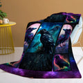 Multicoloured flannel velvet blanket with raven print, three size options, hemmed edges for durability