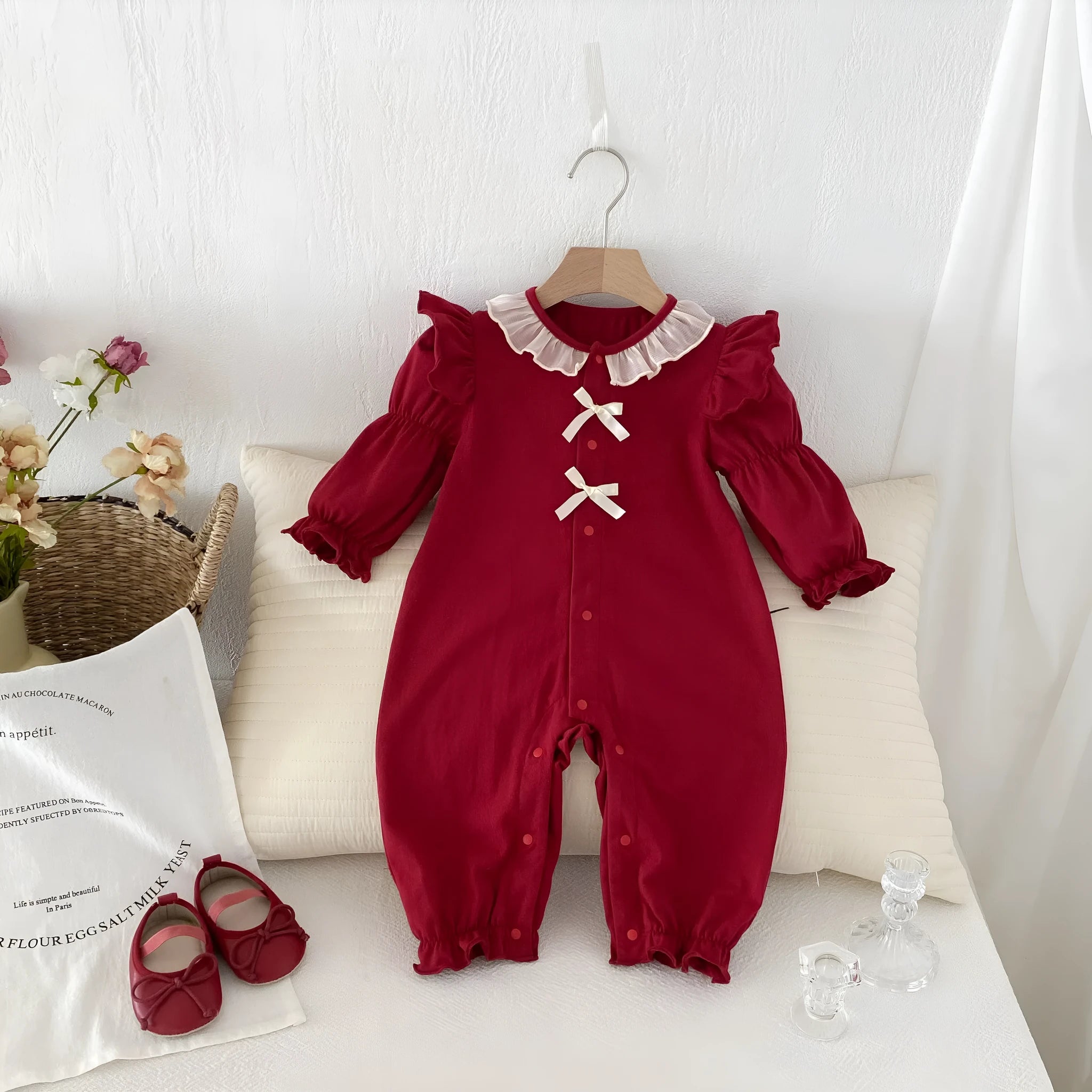 Red cotton long sleeve baby jumpsuit for autumn, double breasted climbing style, suitable for 66-90cm height