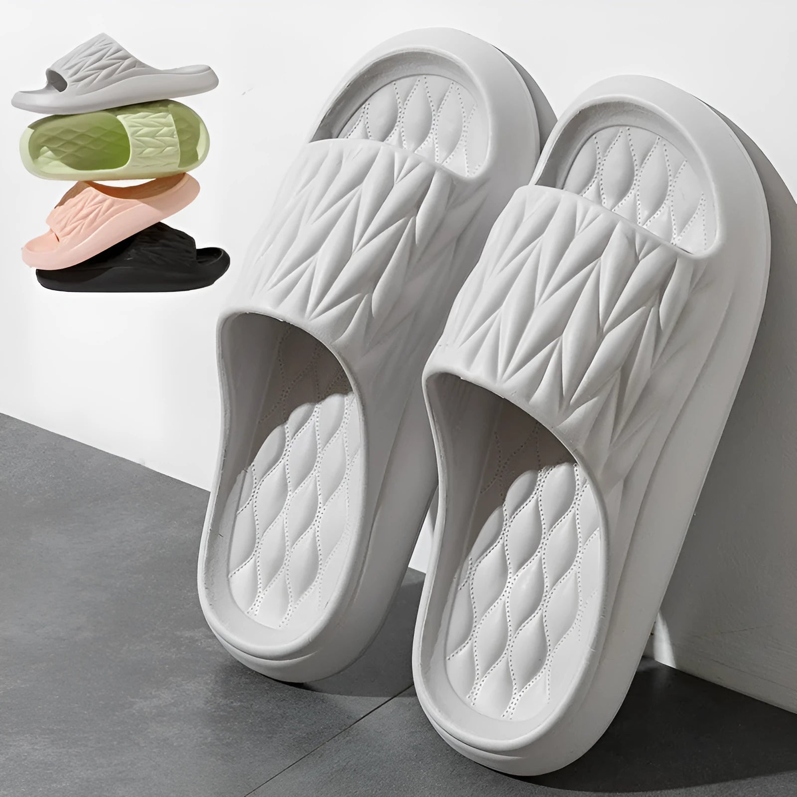 Pair of EVA leaf texture design slippers in multiple colour options on a white background.