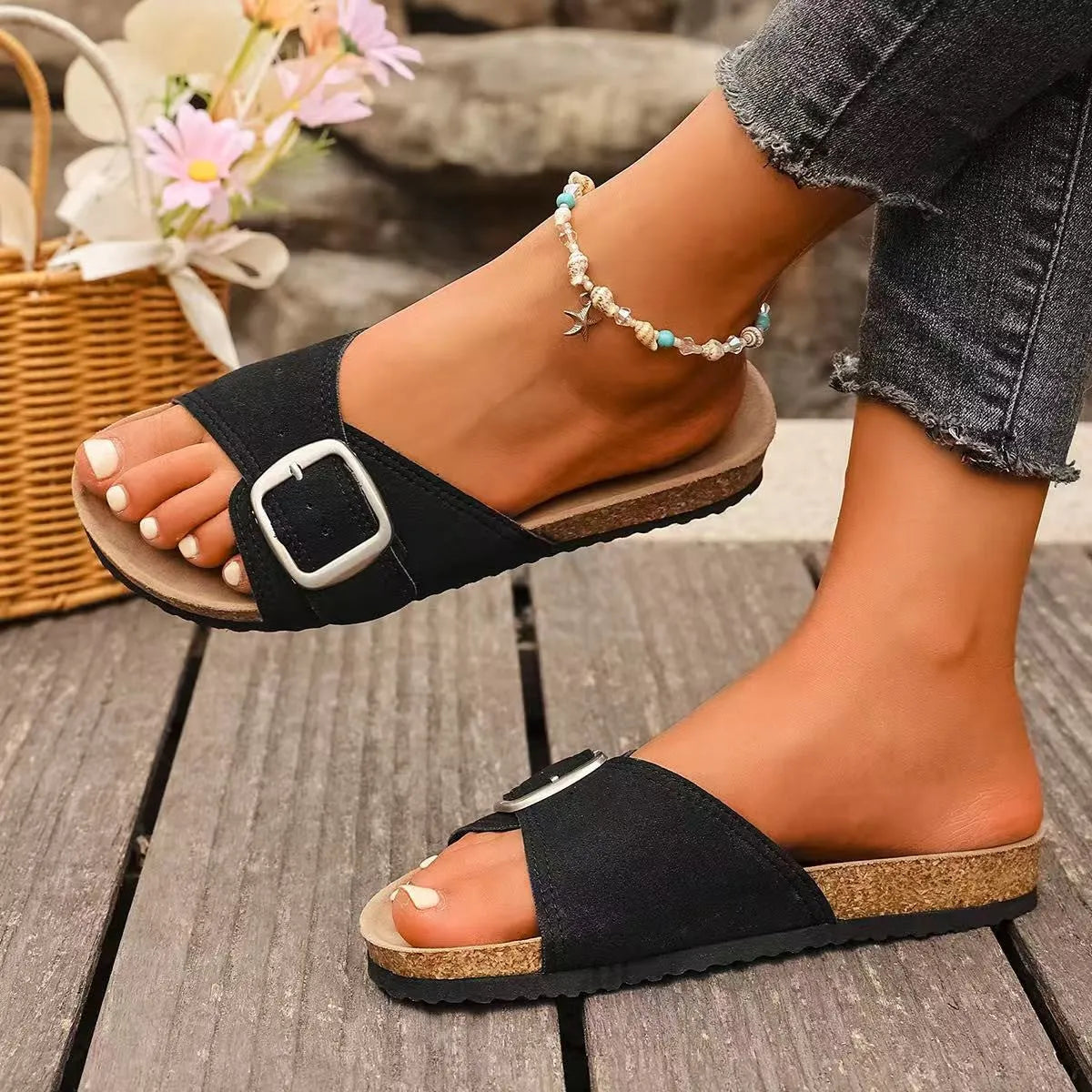 Women's belt buckle open toe sandals in solid colour with canvas upper and composite sole