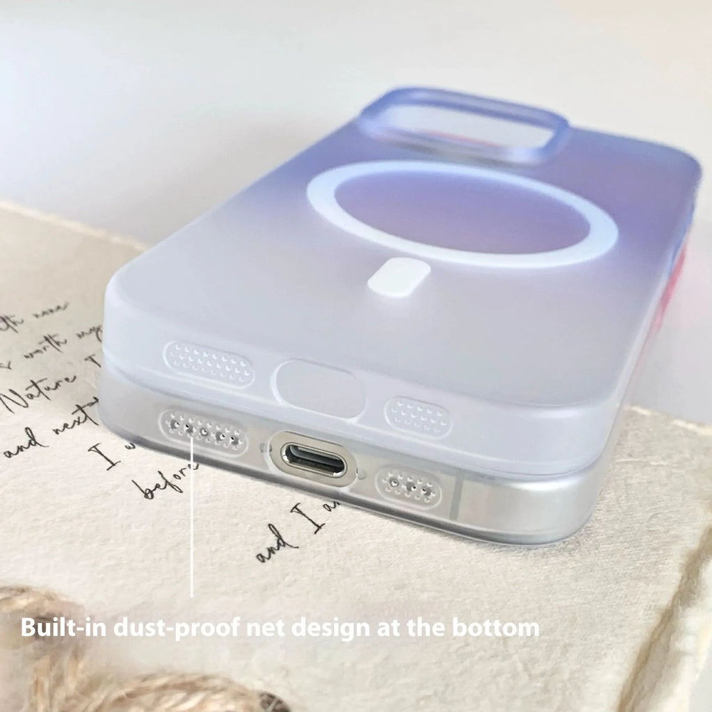 Gradient coloured frosted magnetic suction iPhone case showing ultra-thin PC construction
