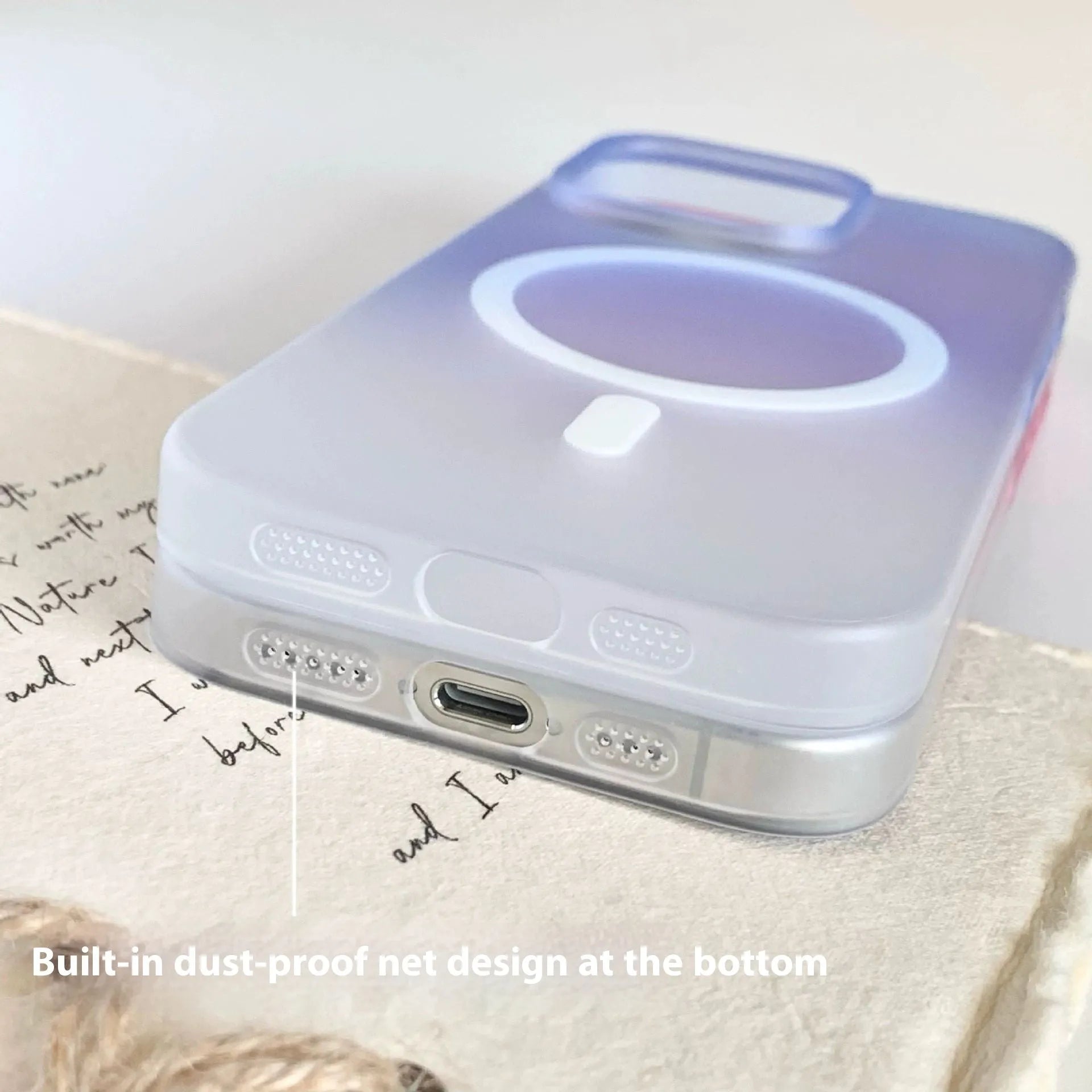 Gradient coloured frosted magnetic suction iPhone case showing ultra-thin PC construction