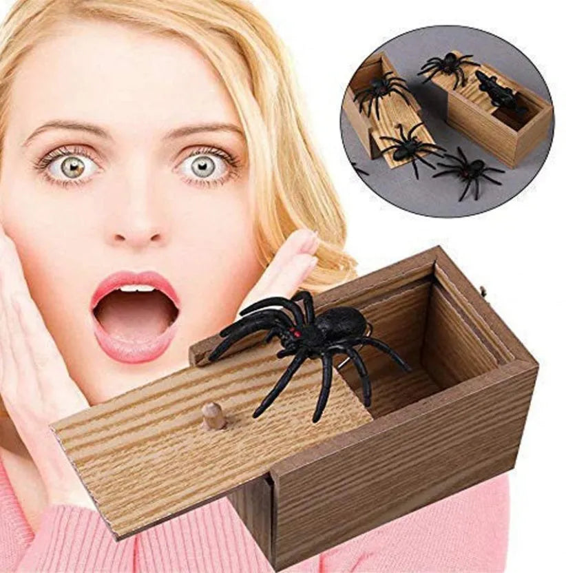 Wooden prank scare box measuring 9.1cm with a random jumping animal surprise inside