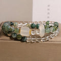 Green grass agate crystal bracelet with white agate cube sugar beads on a flexible ring