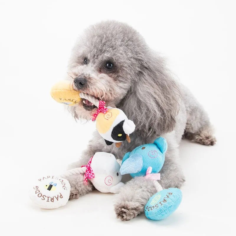 Dog plush squeaker toy with cotton rope tug in animal designs